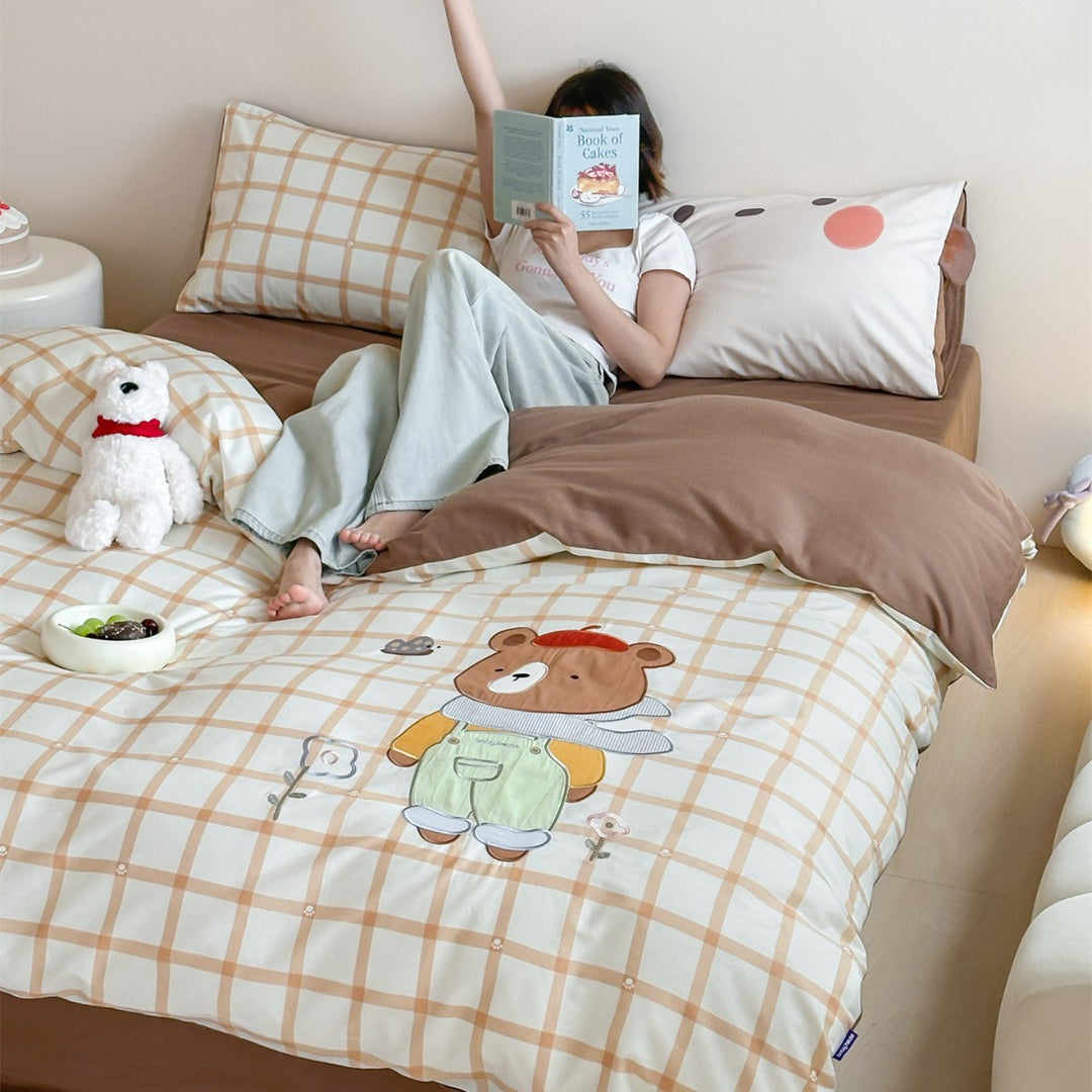 Children's Panda Appliqué Cotton Sateen Duvet Cover Set with Grid Print and Reversible Pillowcase
