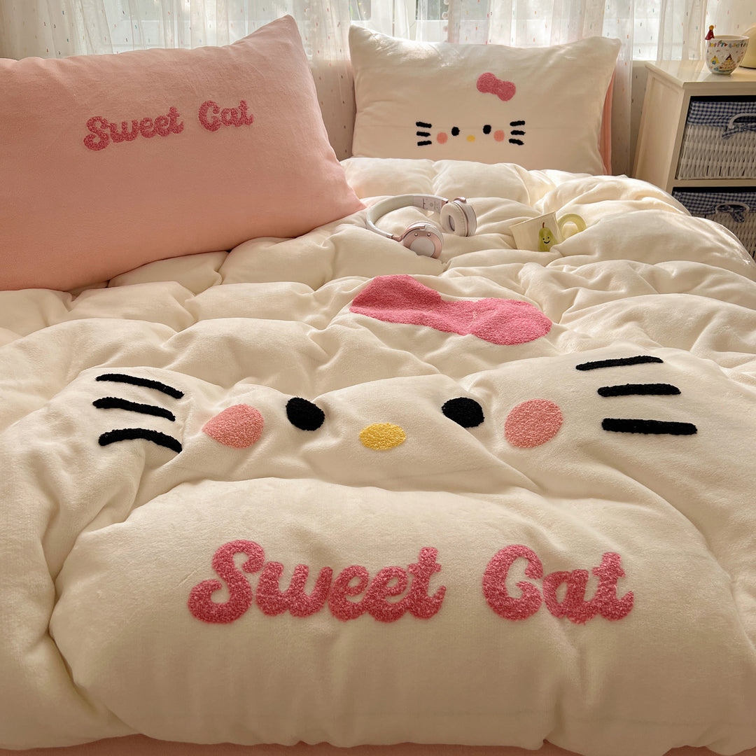 Plush Embroidered Kawaii Cat Comforter Set