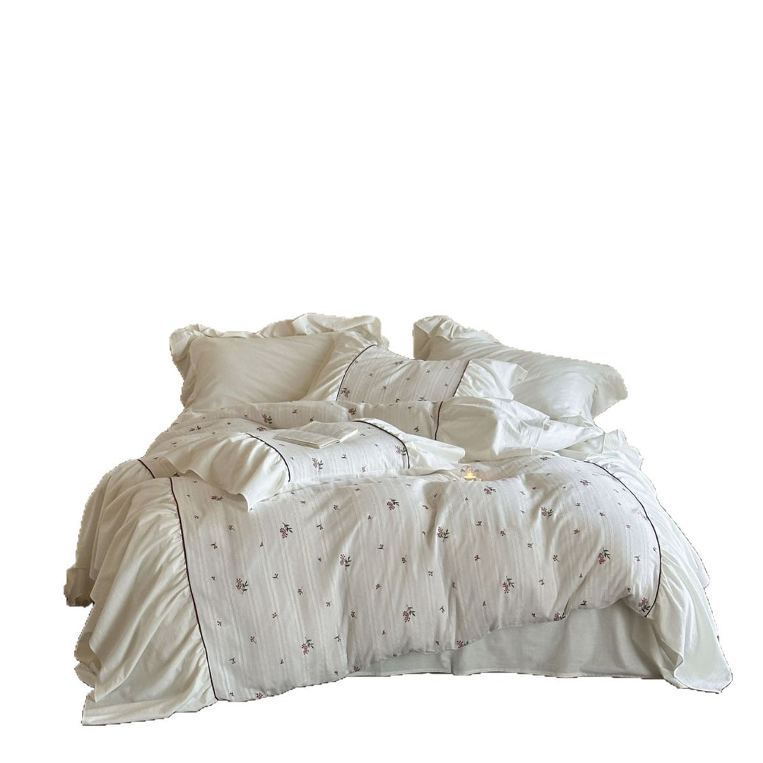 Vintage-Inspired Floral Embroidered Cotton Duvet Cover Set with Ruffled Shams and Piped Trim