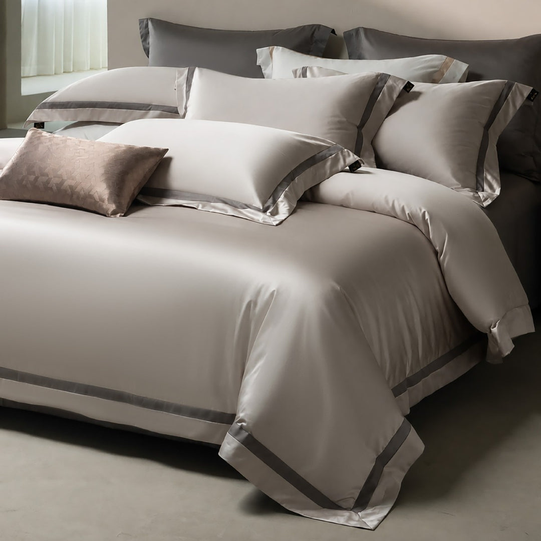 Luxury Two-Tone Cotton Sateen Duvet Cover Set with Double-Trim Border and Euro Shams