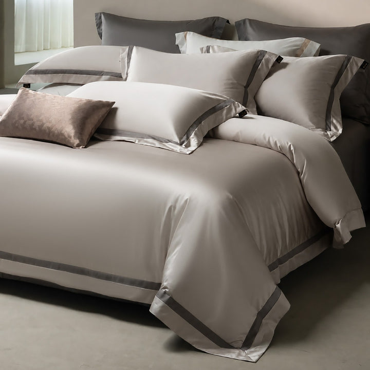 Luxury Two-Tone Cotton Sateen Duvet Cover Set with Double-Trim Border and Euro Shams