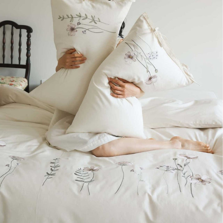 Floral Embroidered Cotton Duvet Cover Set with Tie-Sham Detailing