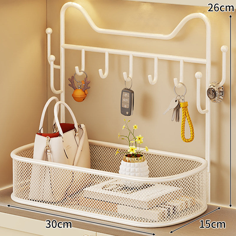 Wall-Mounted Mesh Entryway Organizer with Multi Hooks and Deep Storage Basket
