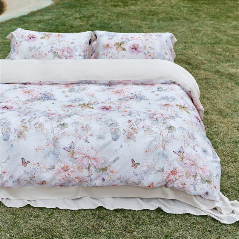 Botanical Lemon Cotton-Sateen Duvet Cover Set with Scalloped Hem