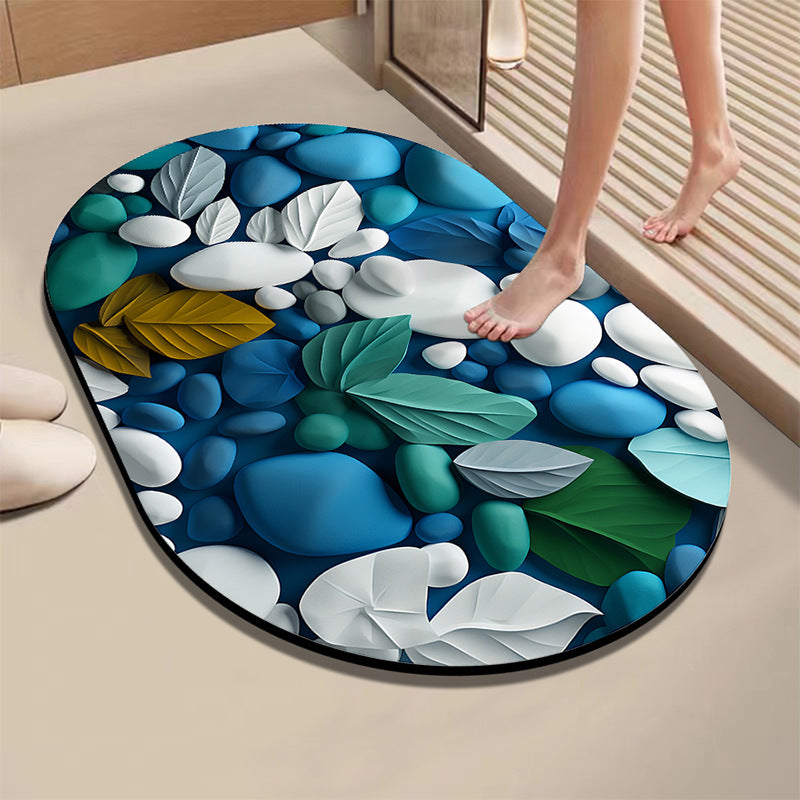 Artistic Leaf and Stone-Themed Bath Mat