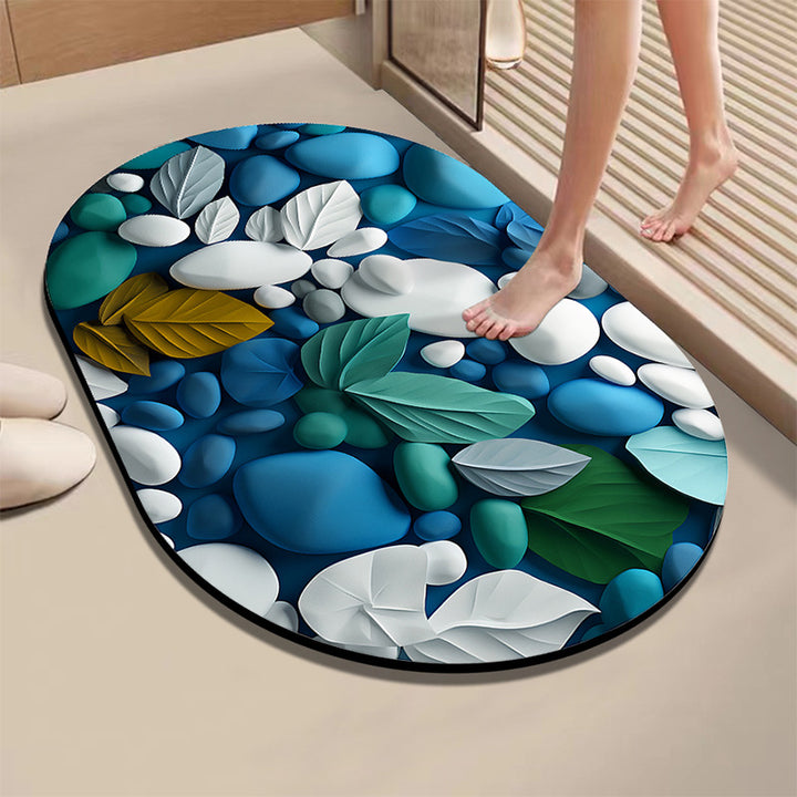 Artistic Leaf and Stone-Themed Bath Mat