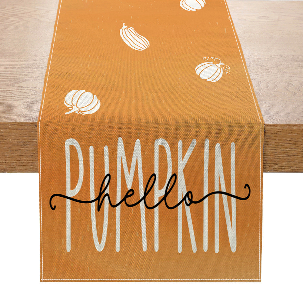 Autumn Cotton-Linen Decorative Table Runner with Pumpkin & Gingham Border