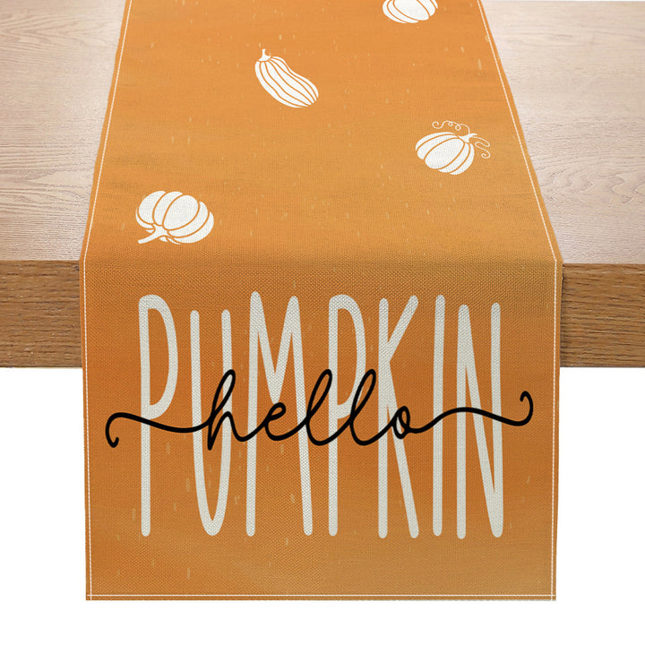 Autumn Cotton-Linen Decorative Table Runner with Pumpkin & Gingham Border