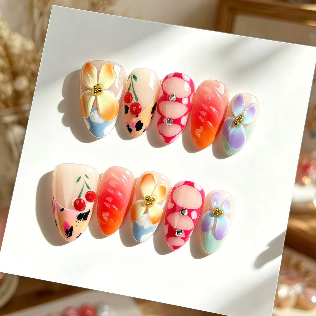 Artistic Press-On Nail Set with Floral and Gem Accents 1790746017