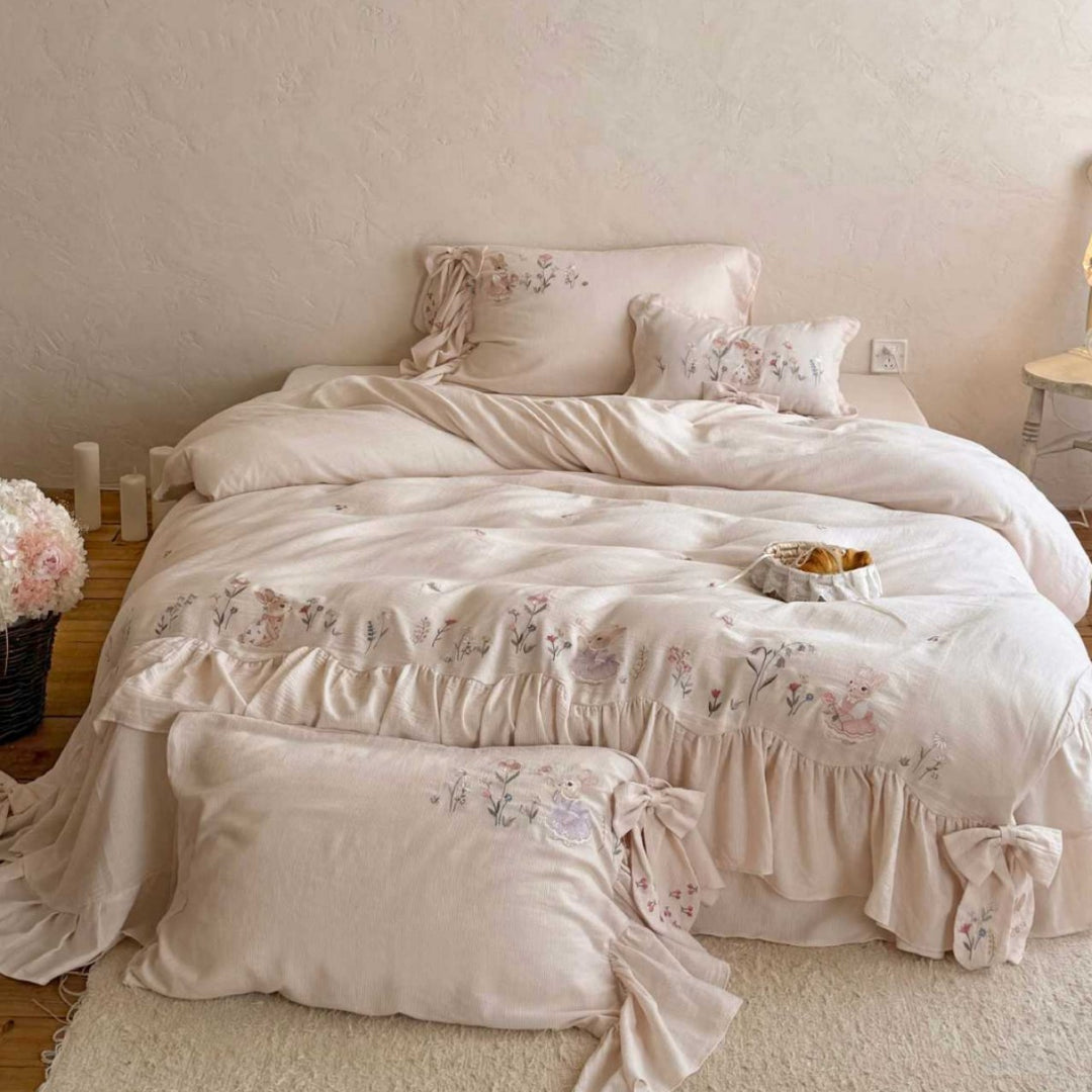 Boho Romantic Ruffled Cotton Duvet Cover with Hand-Embroidered Floral Motifs