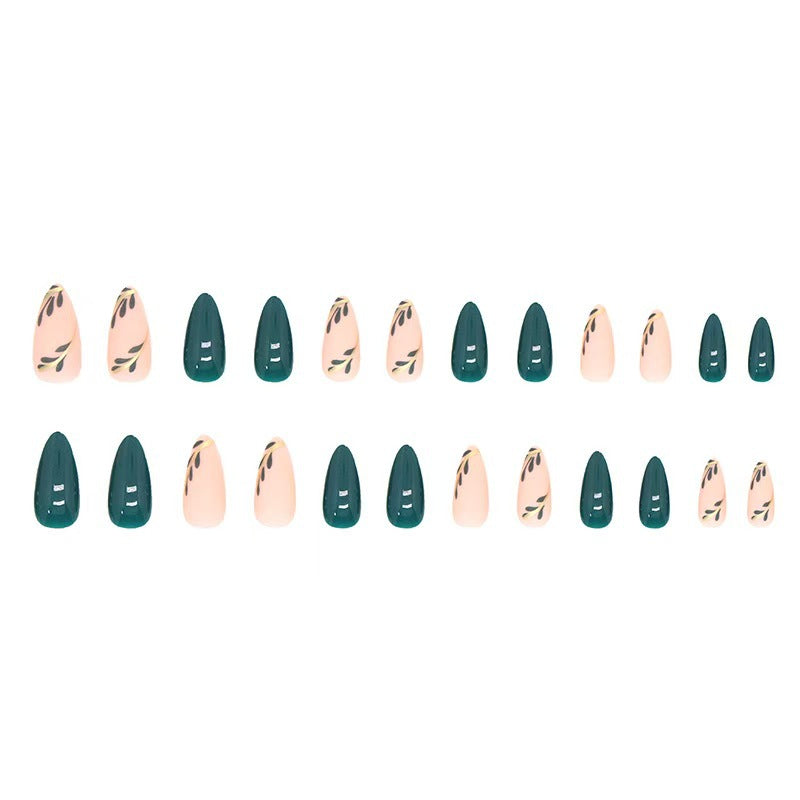 Artistic Press-On Nail Set with Leaf Designs Stornfield