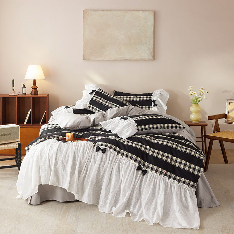 Ruffled Gingham Stripe Duvet Cover Set with Decorative Bows & Ruffled Skirt