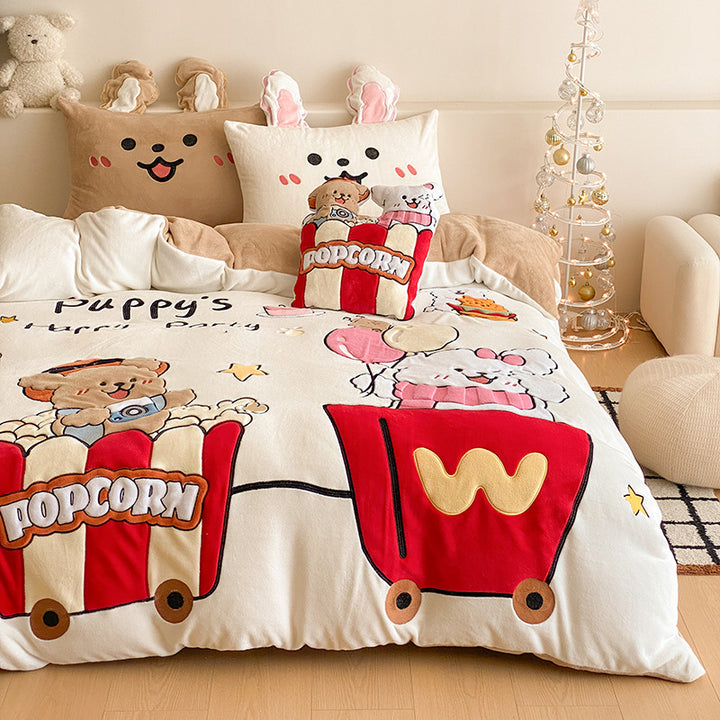 Cozy bedding set with embroidered cartoon cats and plush appliqués
