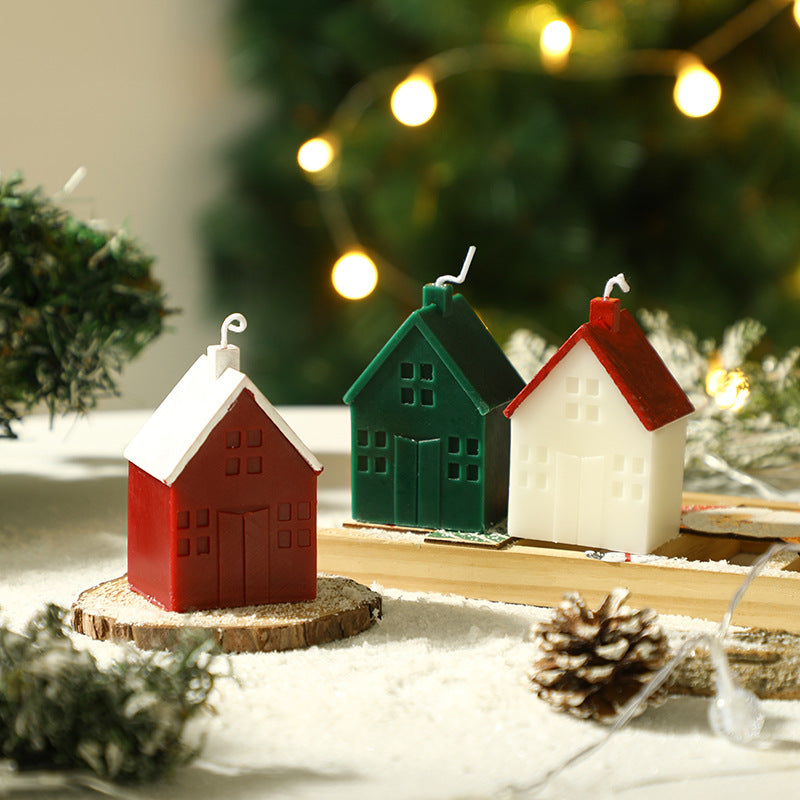 Hand-Poured House-Shaped Scented Soy Candle with Painted Roof & Chimney Holiday Table Centerpiece