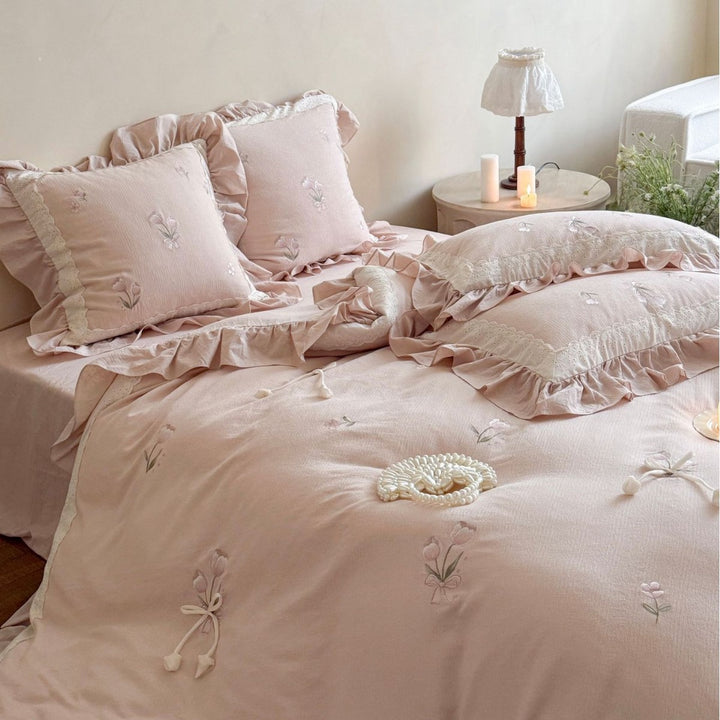 Embroidered Ruffle Cotton Duvet Cover Set