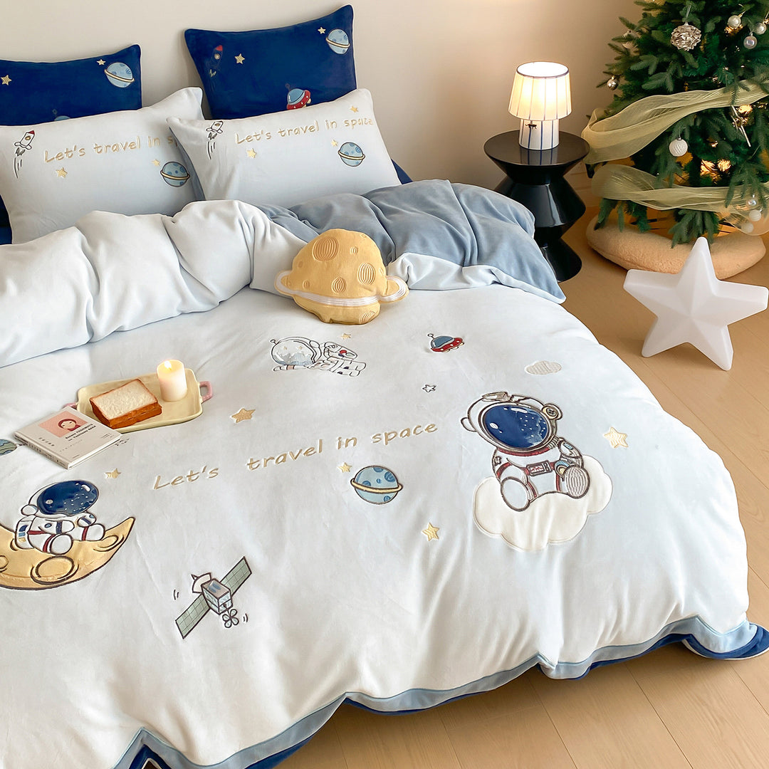 Children's Astronaut Embroidered Cotton Duvet Cover Set with Scalloped Velvet-Trim Pillow Shams