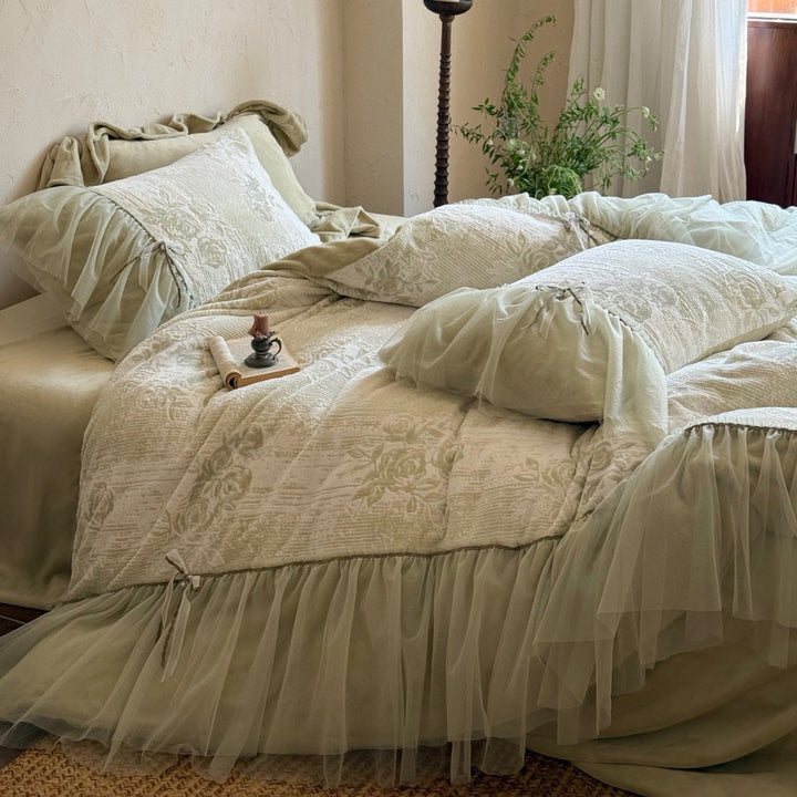 Floral Tulle-Ruffled Duvet Cover Set with Decorative Pillow Shams