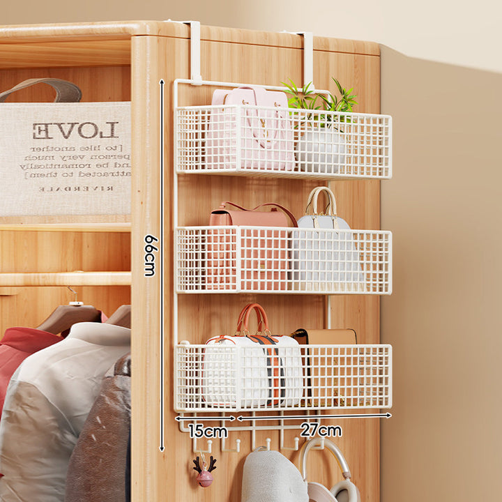 Over-Door Four-Tier Metal Mesh Hanging Storage Organizer with Integrated Hooks