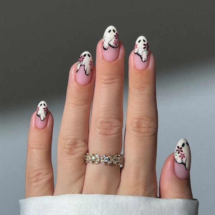 Artistic Press-On Nail Set with Floral and Ghost Design Stornfield