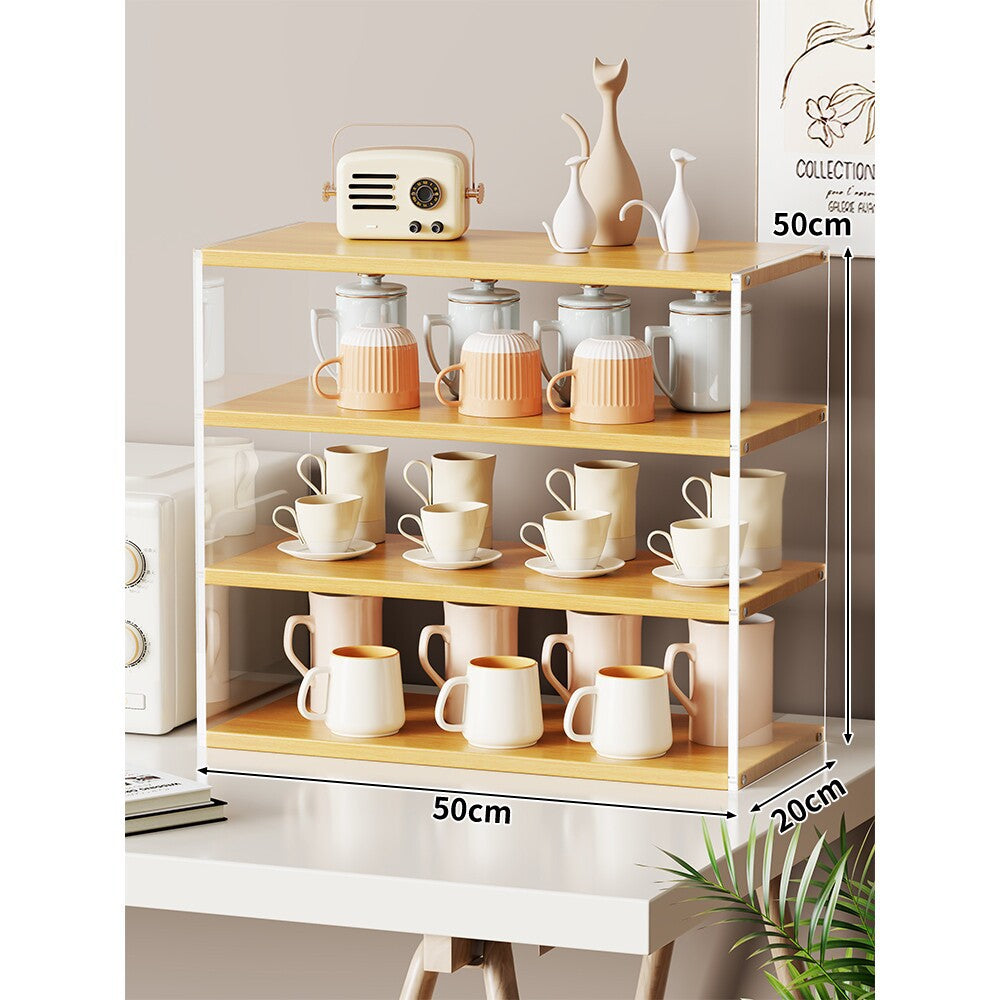 Multi-Level Bamboo-Style Countertop Kitchen Mug and Canister Organizer Shelf with Open Wood Shelves and Slim Metal Frame