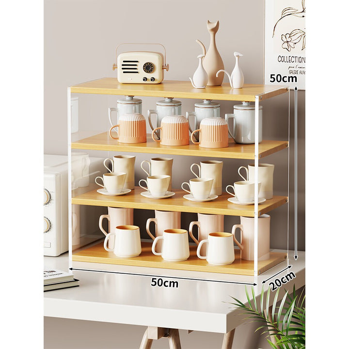 Multi-Level Bamboo-Style Countertop Kitchen Mug and Canister Organizer Shelf with Open Wood Shelves and Slim Metal Frame
