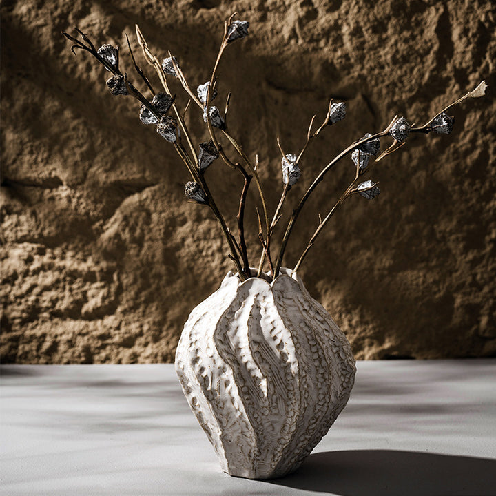 Decorative Ceramic Sculptural Vase with Textured Edge with Ruffled Rim
