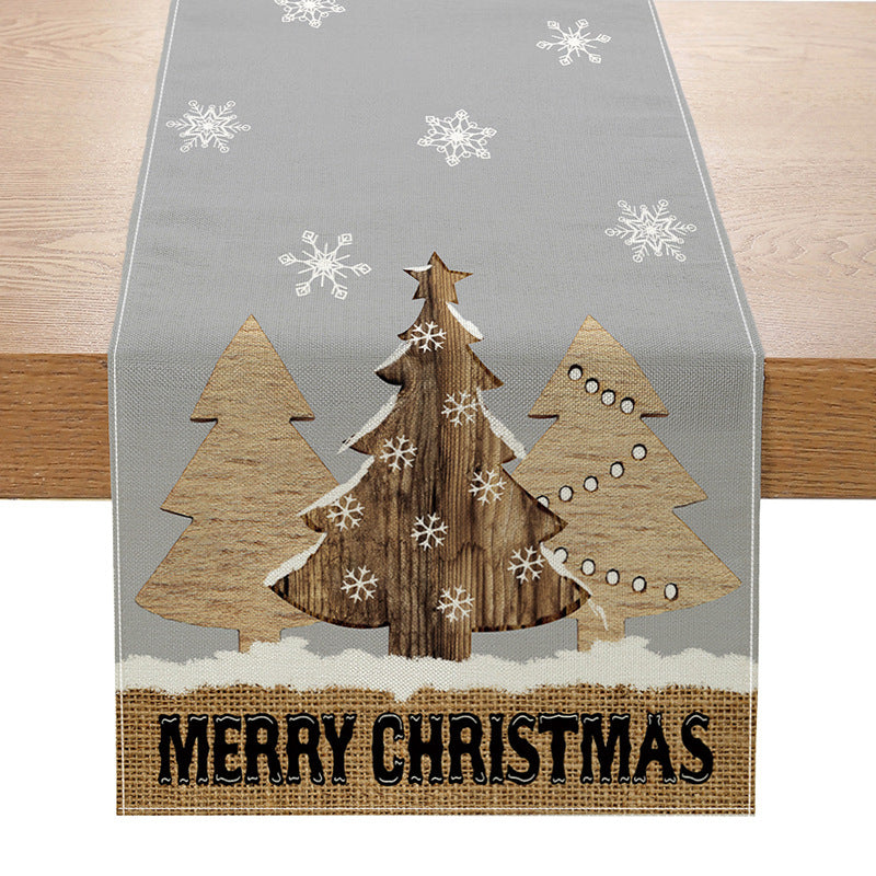Linen-Texture Cotton-Blend Christmas Table Runner with Burlap Trim and Winter Tree Illustration