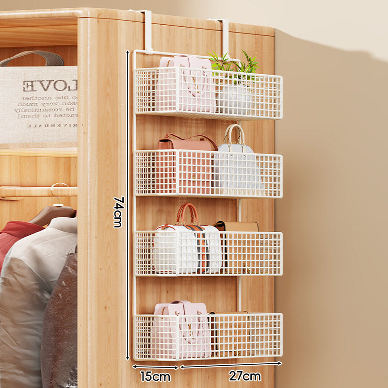 Over-Door Four-Tier Metal Mesh Hanging Storage Organizer with Integrated Hooks