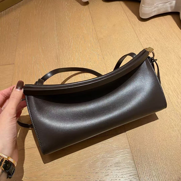 Structured Leather Baguette Shoulder Bag with Gold Hardware