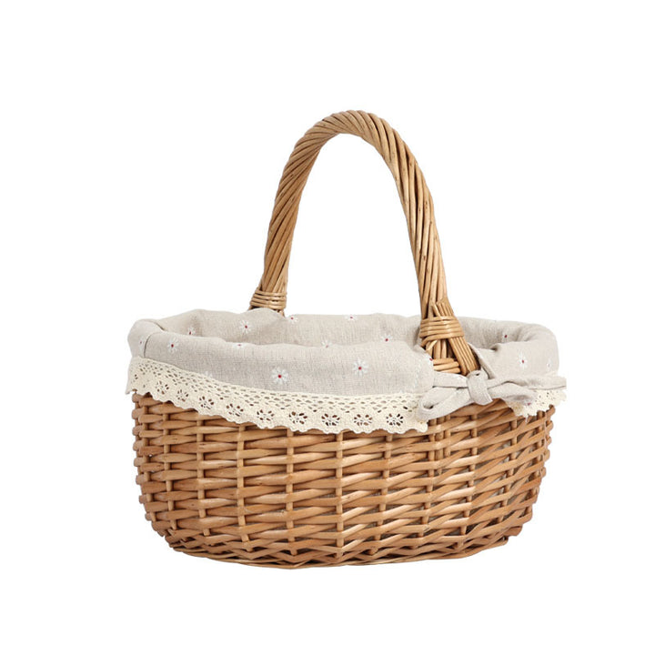 Women's braided basket with checkered fabric insert and decorative lace embellishment Stornfield