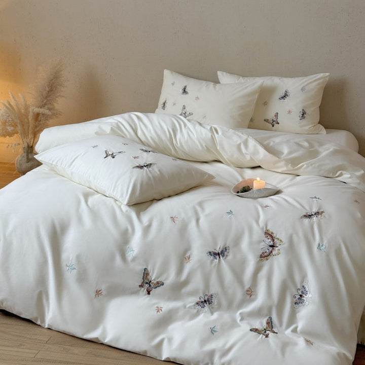 Cotton satin bedding set with fine butterfly embroidery and extra soft finish