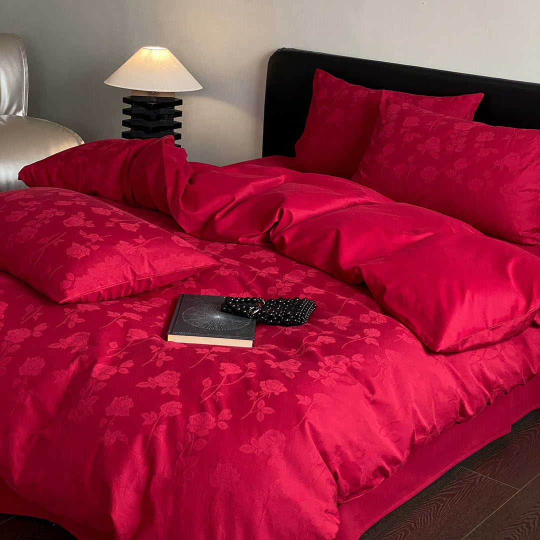 Jacquard bedding set made of cotton satin with floral relief and hotel closure