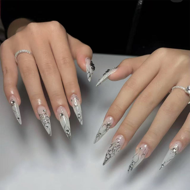 Elegant Stiletto Press-On Nails with Metallic Design Stornfield