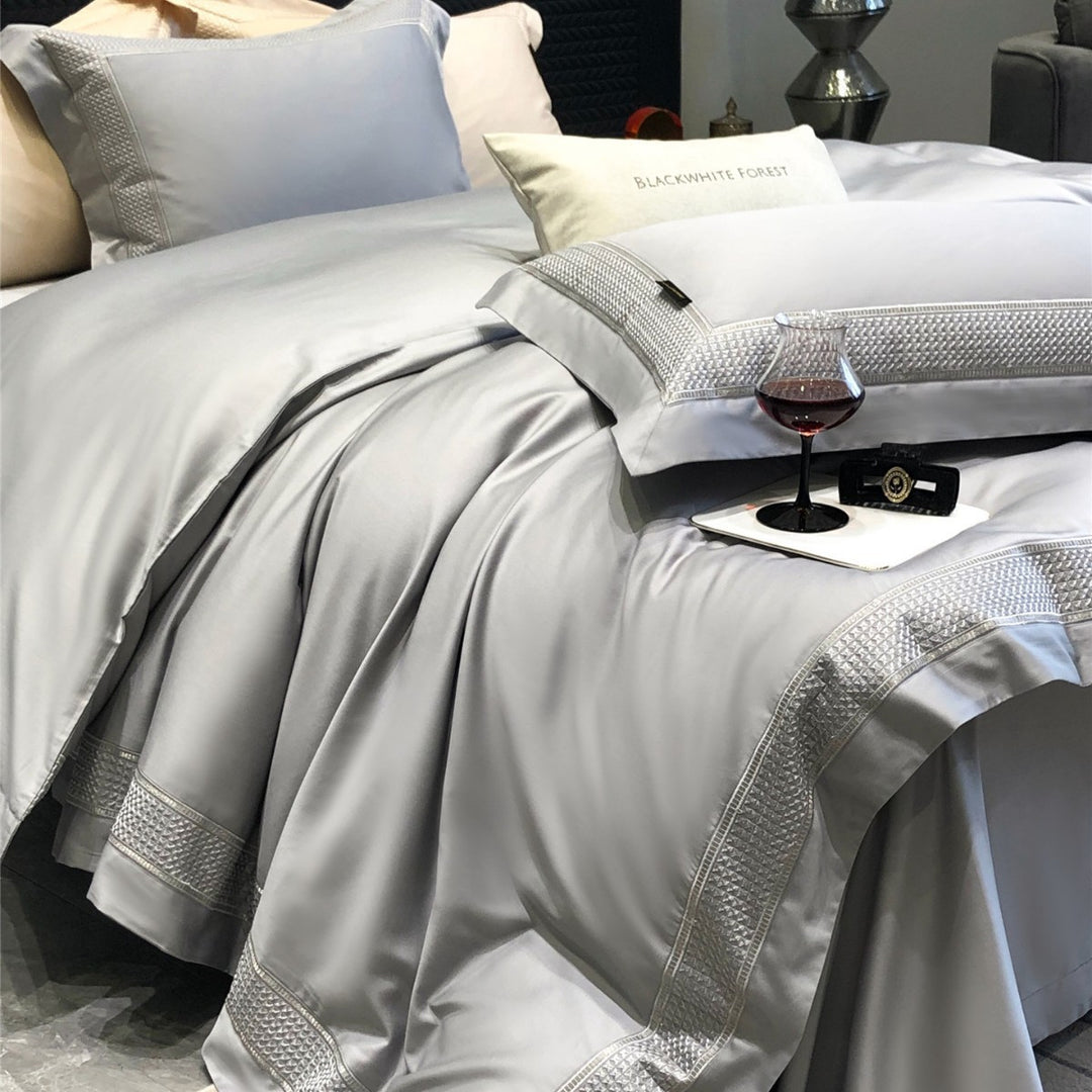 Luxury Satin-Feel Embroidered Duvet Cover Set with Decorative Hem & Pillow Shams