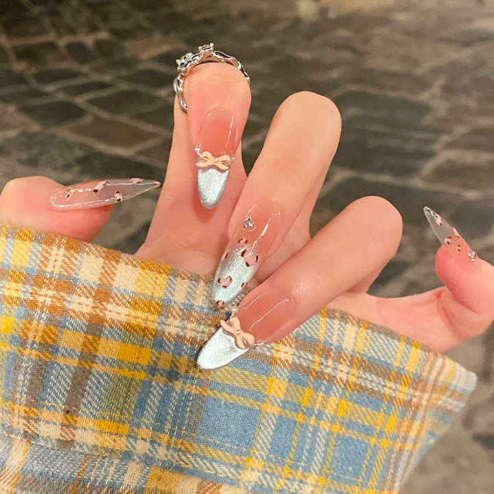 Artistic Long Stiletto Press-On Nails with Bow Design Stornfield