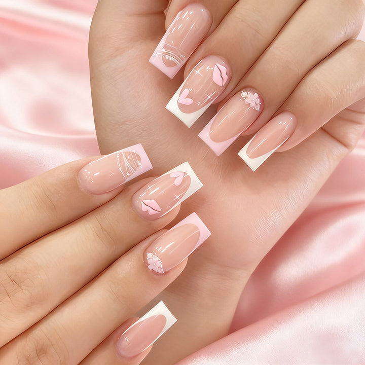 Artistic Press-On Nail Set with Floral and Heart Accents Stornfield