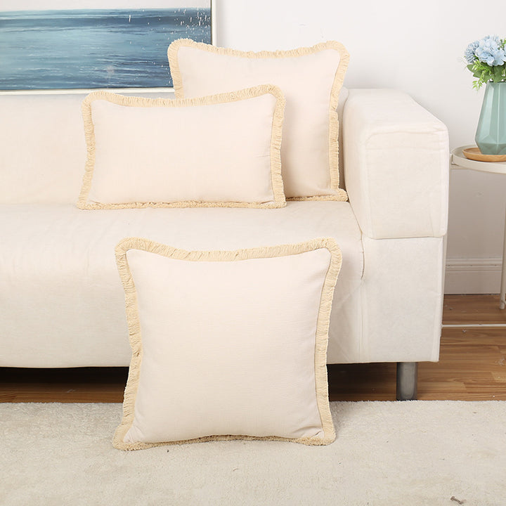 Fringed Linen-Texture Throw Pillow Covers with Hidden Zipper and Brush Fringe