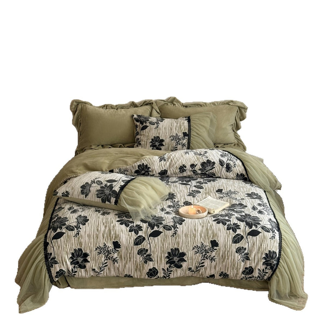 Floral Tulle-Ruffled Duvet Cover Set with Decorative Pillow Shams