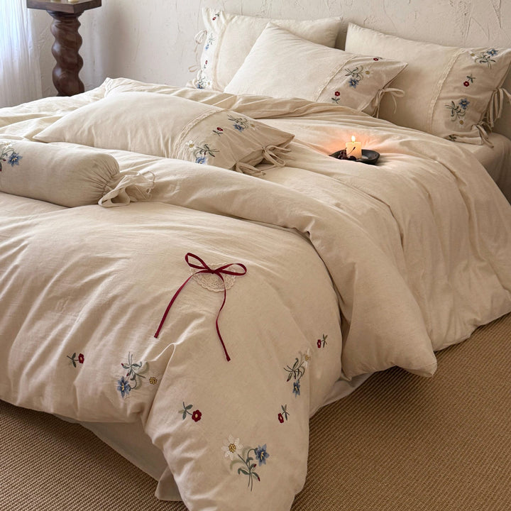 Embroidered Washed-Linen Duvet Cover Set with Lace-Edge and Ribbon-Tie Pillow Shams