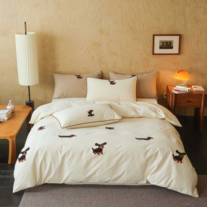 Plaid Puppy Embroidered Duvet Cover Set with Plush Appliqué & Pillow Shams
