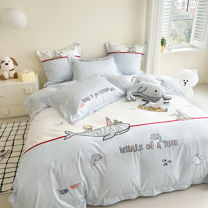 Children's Cotton Sateen Whale-Illustration Duvet Cover Set with Pillow Shams and Plush Accent Cushion