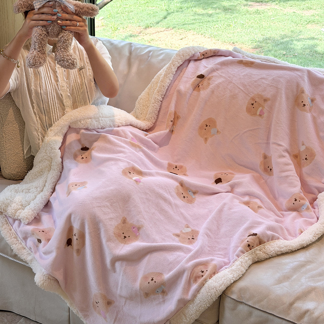 Plush Sherpa-Lined Teddy Print Reversible Throw Blanket