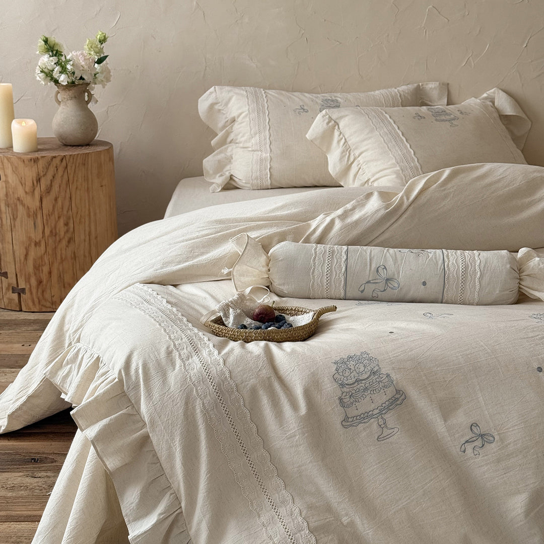 Embroidered Linen Ruffled Duvet Cover Set with Lace Trim and Decorative Bolster