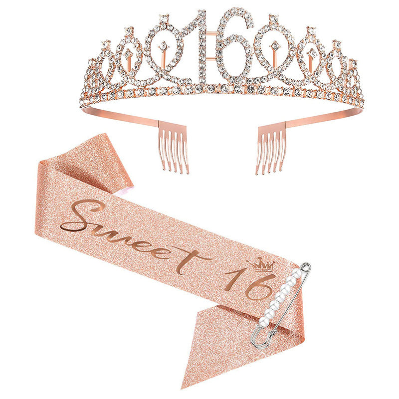 Women Crystal-Embellished Birthday Crown with Personalized Sash Stornfield