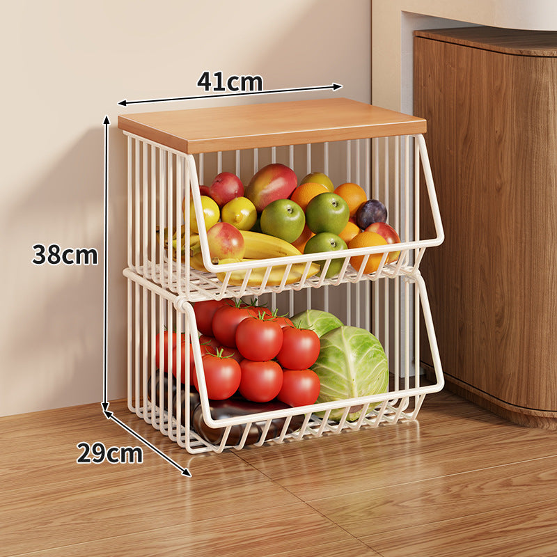 Compact Triple-Tier Rolling Wire Vegetable and Fruit Storage Cart with Wooden Top