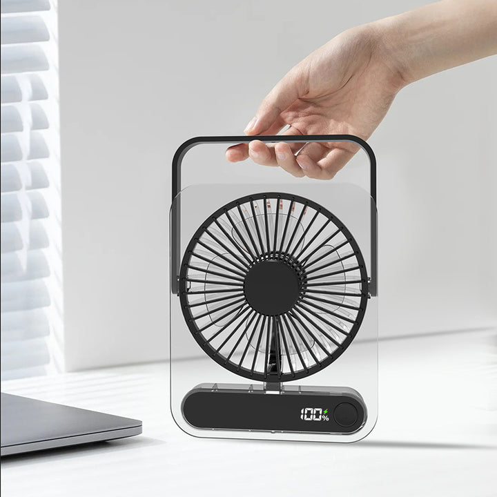 Cooling clear acrylic-framed rechargeable portable desk fan with digital battery percentage display and foldable handle Stornfield