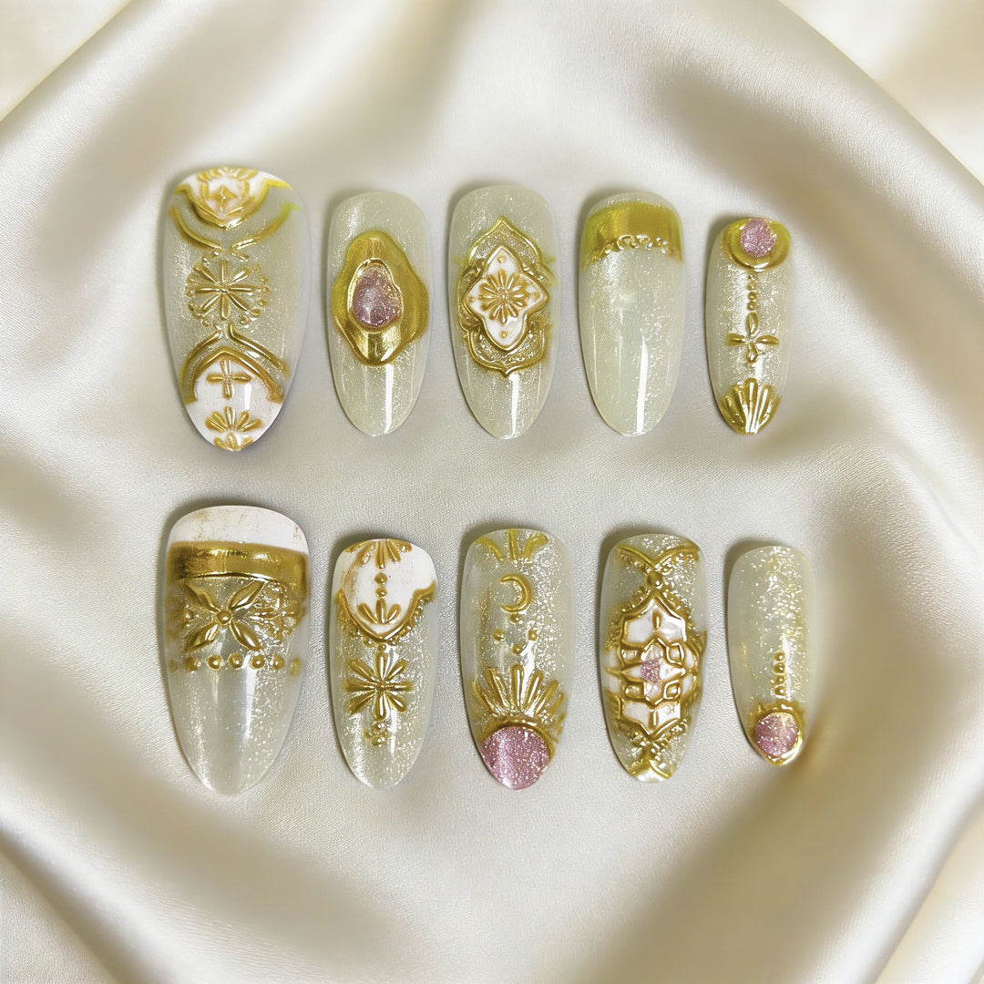 Artistic Press-On Nail Set with Geometric Designs