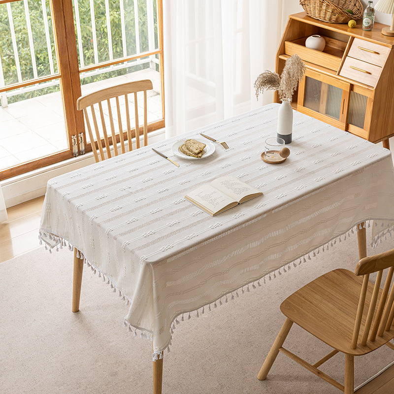 Rectangle Cotton-Linen Woven Fringe Tassel Tablecloth for Dining Table