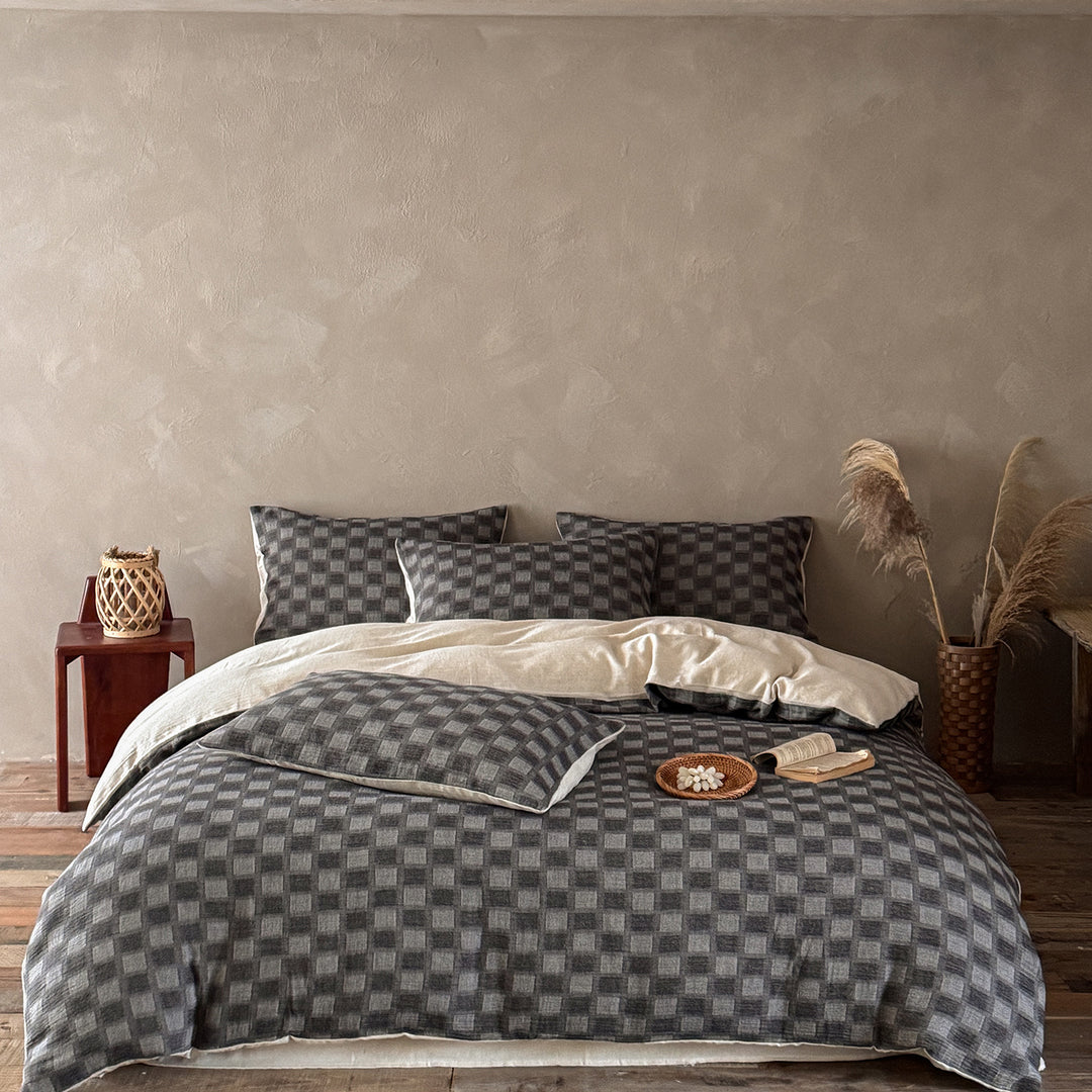 Woven Cotton-Linen Checkered Duvet Cover Set with Reversible Natural Back