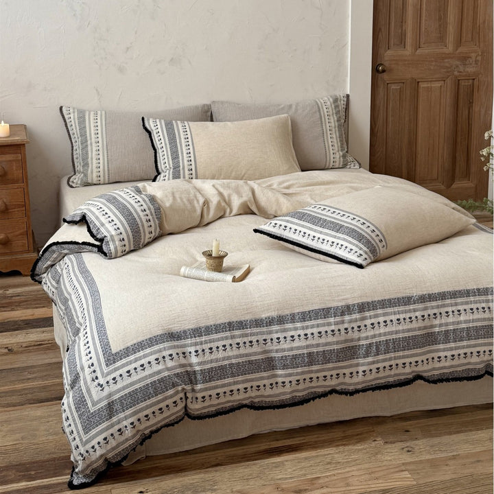 Linen-Blend Bohemian Printed Duvet Cover Set with Fringed Edge and Pillow Shams